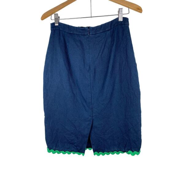 J. Crew Women's Size 0 Navy Blue Green Rickrack Trim Lined Linen Pencil Skirt - Picture 3 of 7